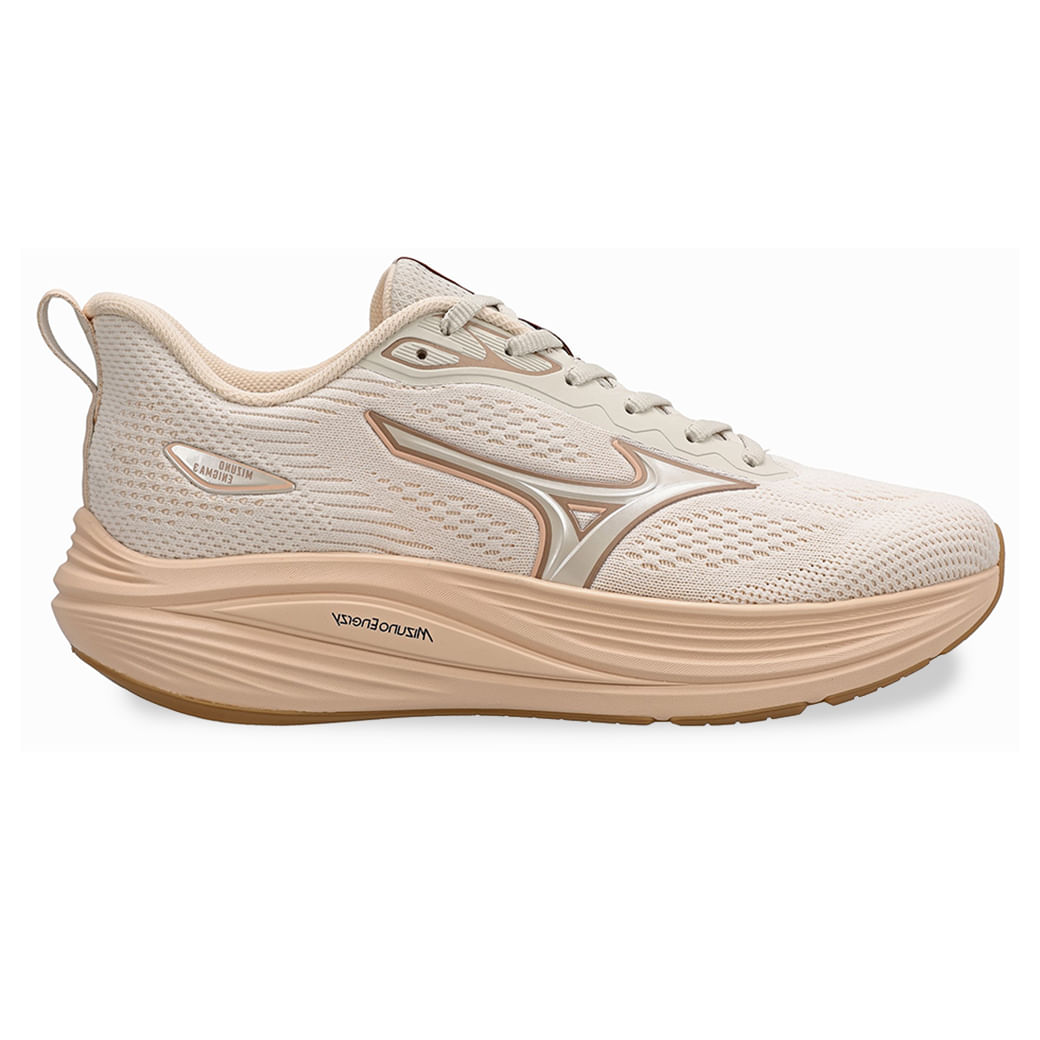 Tênis esportivo Mizuno Enigma 3 feminino na cor bege com design moderno e fechamento por cadarços