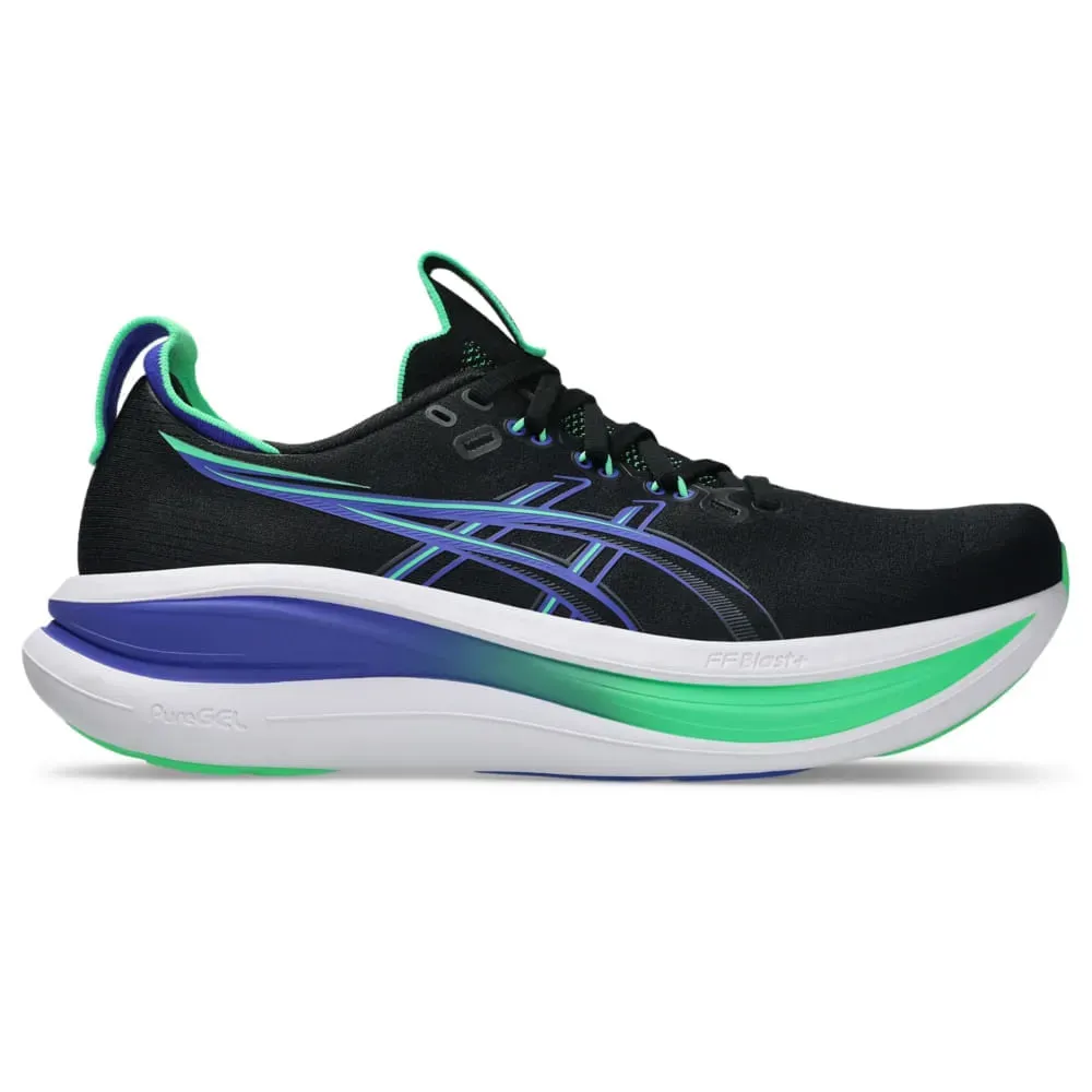 Tênis de corrida masculino preto e azul da Asics com solado branco e verde, mostrando amortecimento e design dinâmico