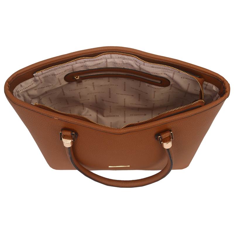 Detalhes da Bolsa Shopper WJ Feminina caramelo mostrando acabamento e alças