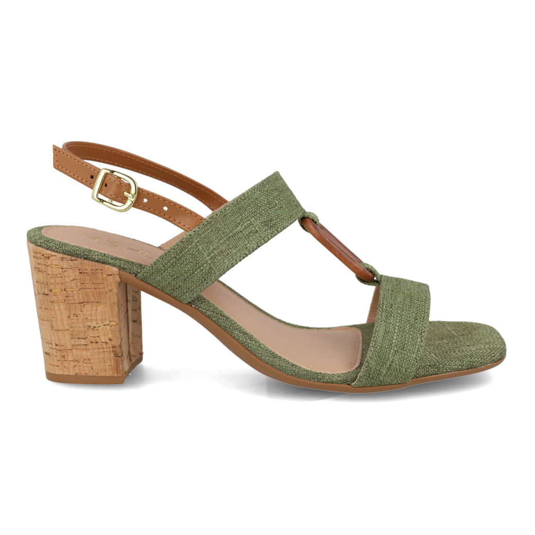 Sandália feminina M Shuz N028 verde militar com salto bloco revestido em cortiça e tiras de linho verde com detalhe sintético marrom