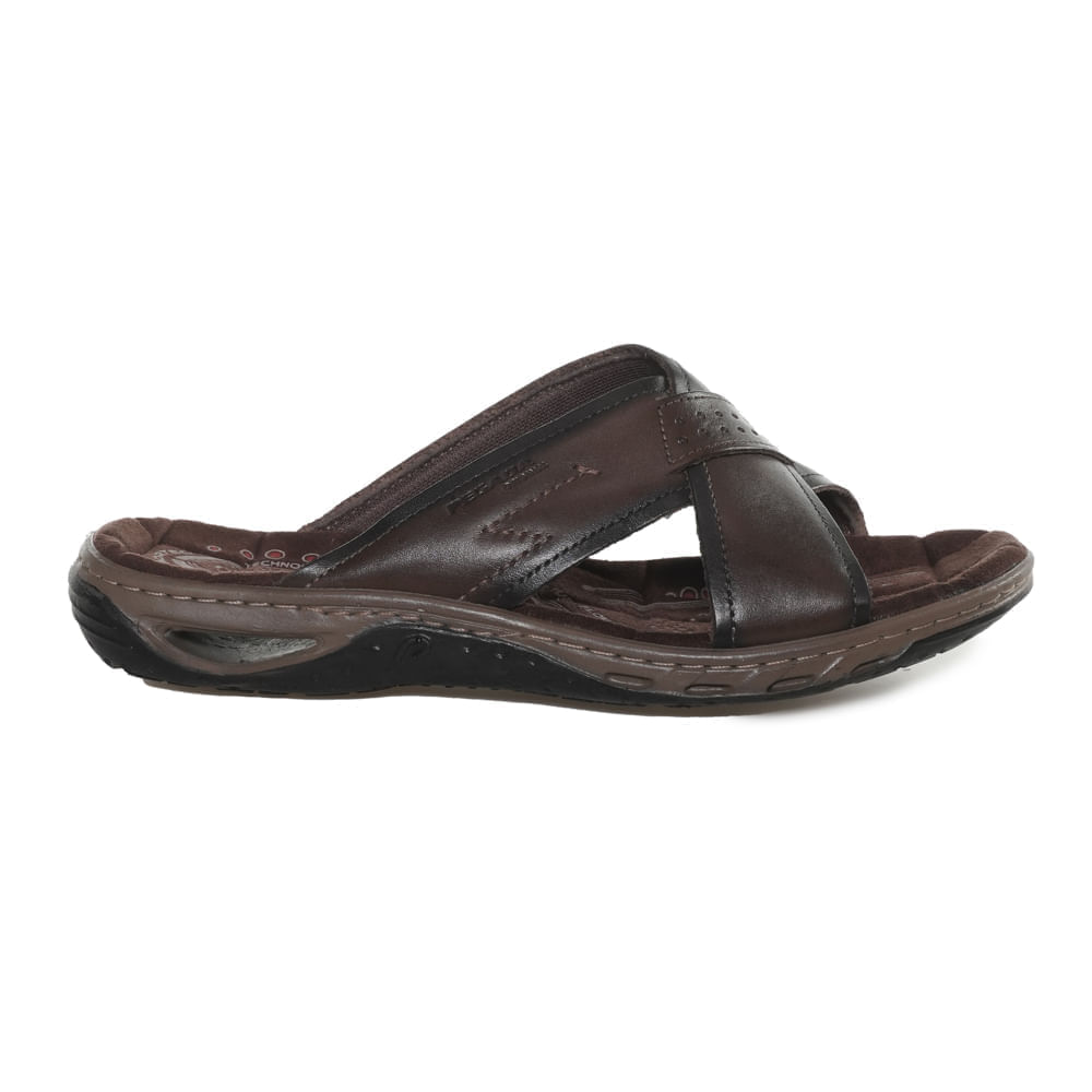 Chinelo masculino marrom em couro com tiras cruzadas vista lateral direita