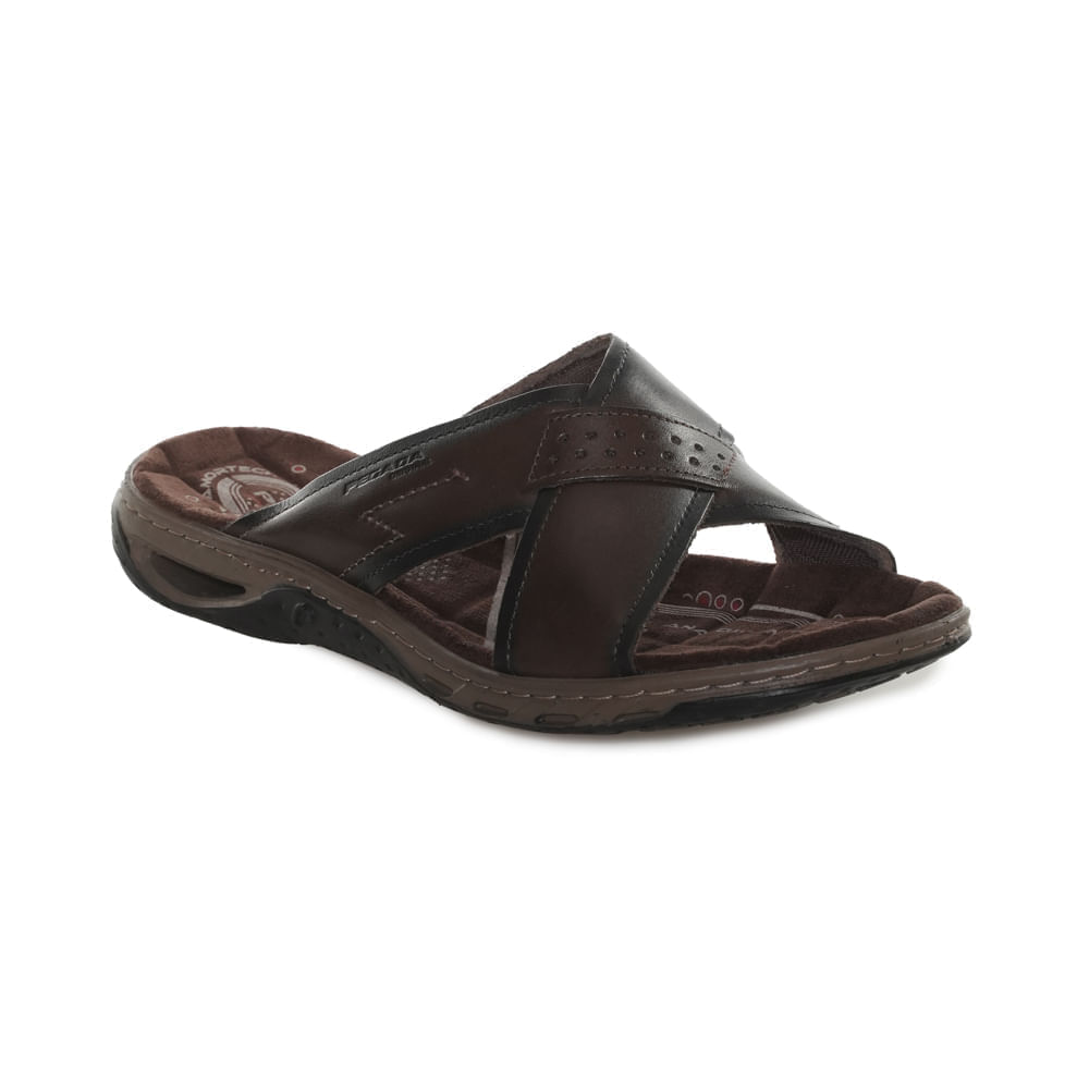 Vista superior da Chinelo masculino marrom em couro com tiras cruzadas