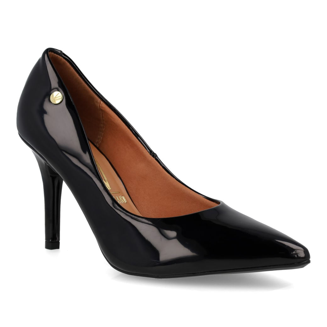 Scarpin feminino Vizzano verniz preto elegante em vista lateral frontal