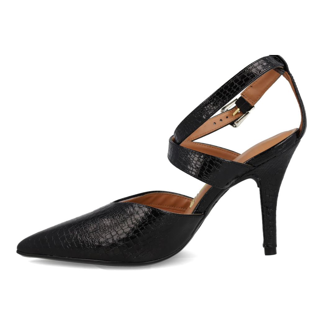 Scarpin Vizzano preto vista lateral destacando salto agulha e tiras para orientação de ajuste