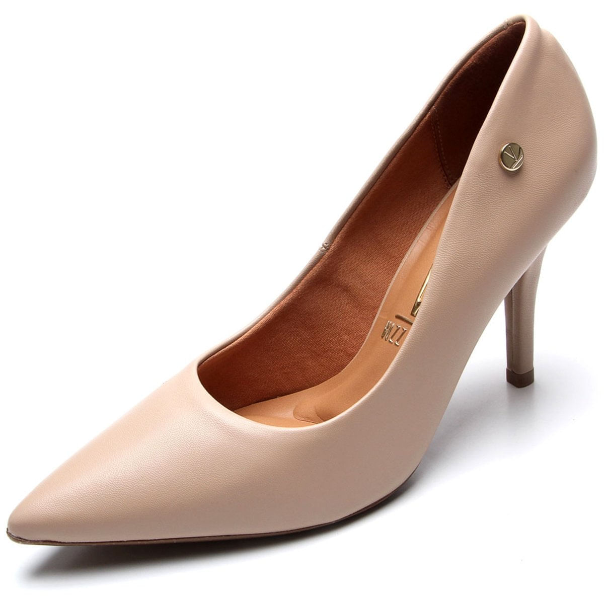 Scarpin Vizzano Classic Pelica Feminino Bege em ângulo lateral mostrando detalhes do salto e bico fino