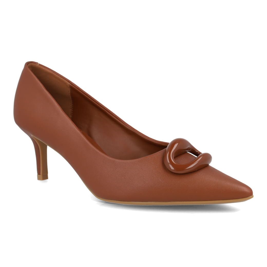 Par de sapatos Scarpin Vizzano Bico Fino Feminino Marrom com salto alto e aplique sofisticado
