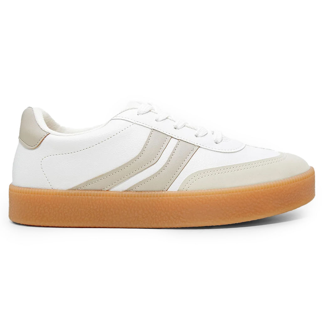 Tênis Vizzano StreetWear Feminino Branco com solado marrom, tecido branco e bege, detalhes verticais e fechamento em cadarço branco, vista frontal