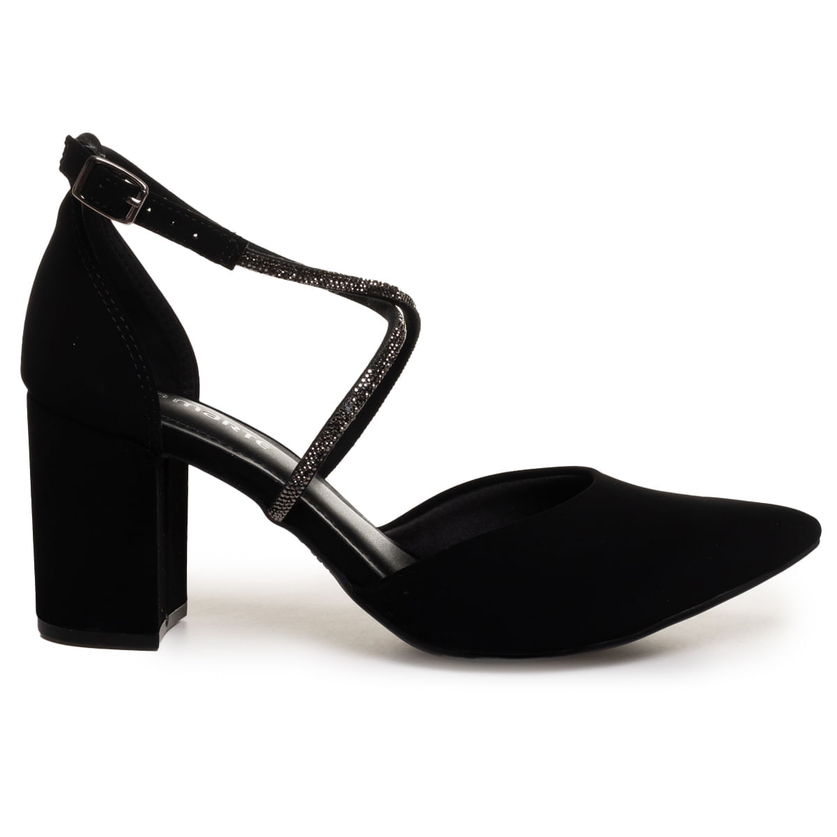 Sapato feminino preto de bico fino em nobuck com salto bloco médio e tiras cruzadas com brilho e fivela metálica