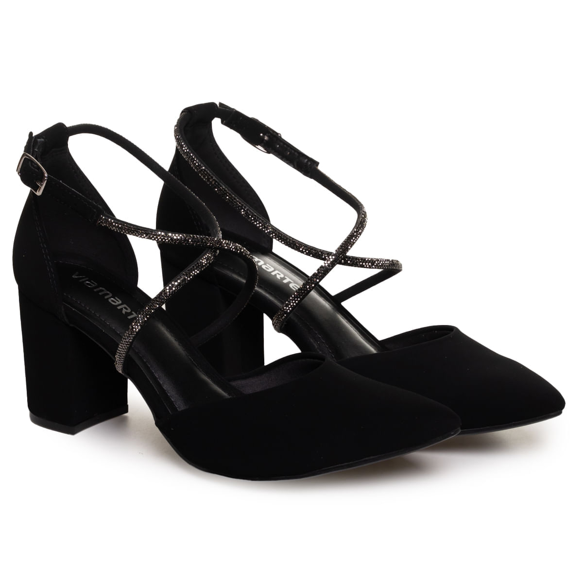 Sapato feminino preto de bico fino nobuck com salto bloco visto lateralmente