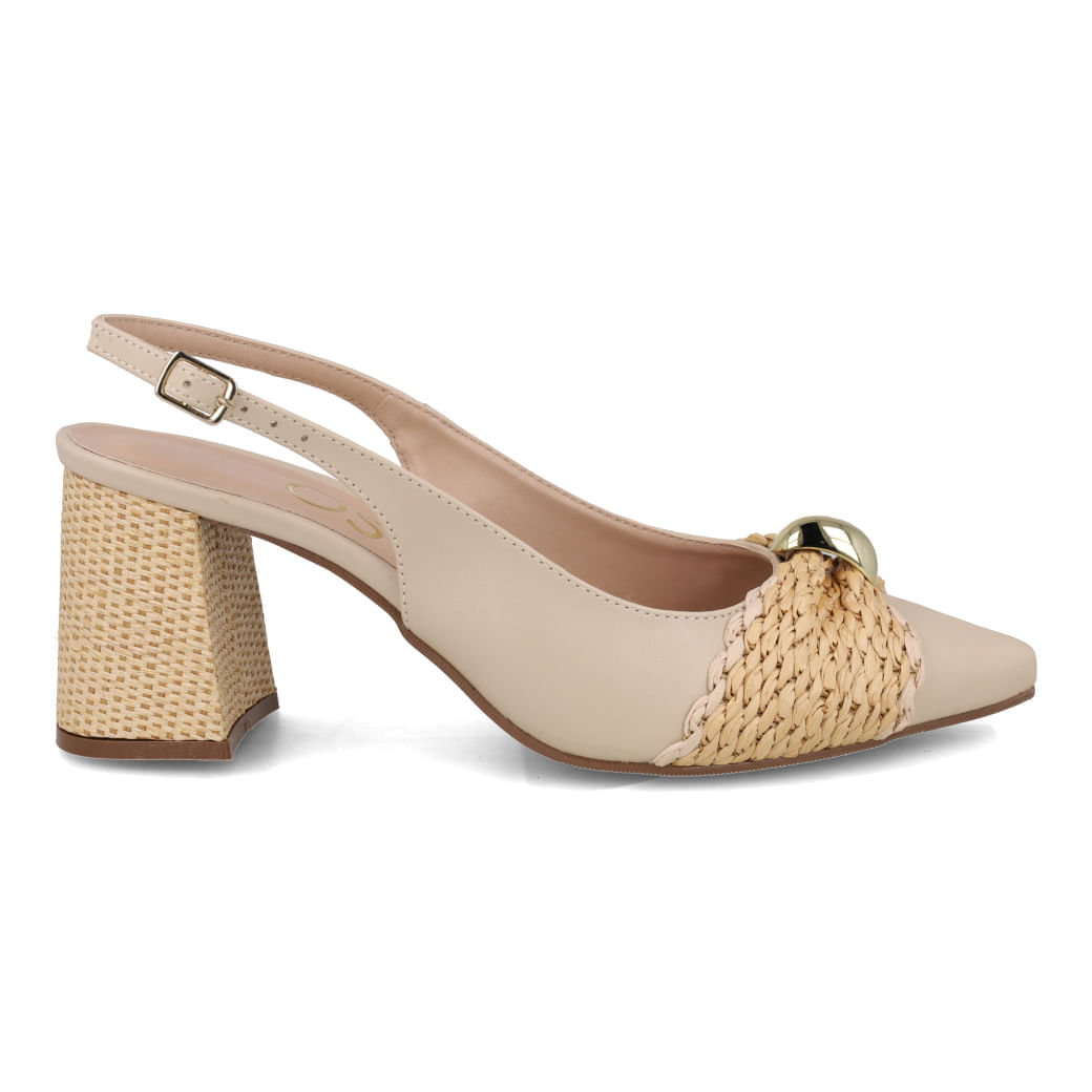 Sapato social feminino OSC bege com salto bloco e tira slingback com fivela ajustável