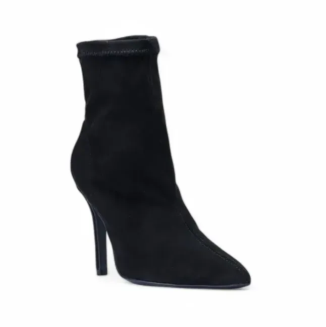 Bota feminina preta camurça stretch salto fino vista lateral