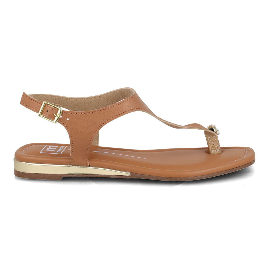 Sandália feminina Moleca camel com tiras largas e fivelas douradas vista frontal