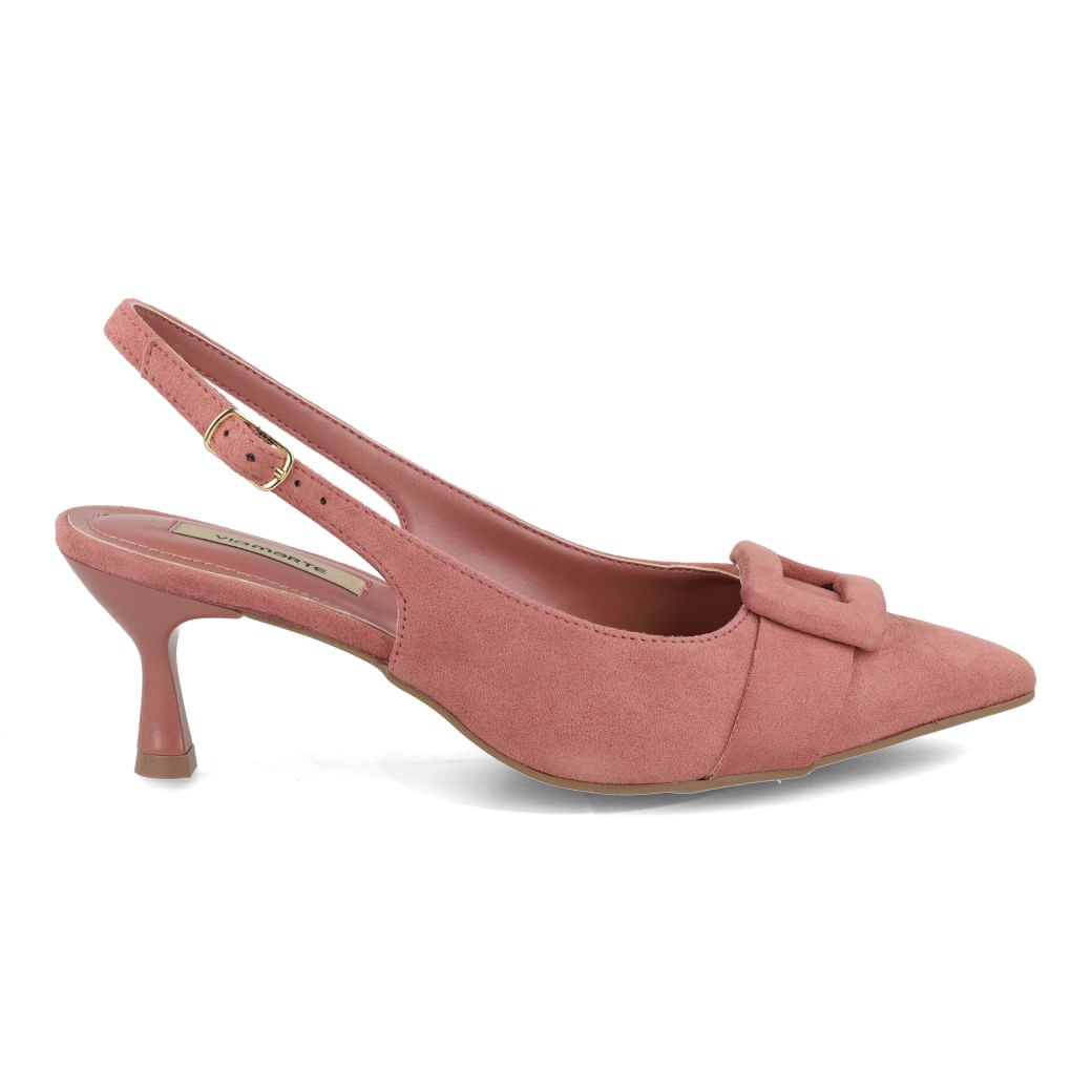 Scarpin feminino Via Marte em camurça sintética rosa blush com salto fino e design slingback