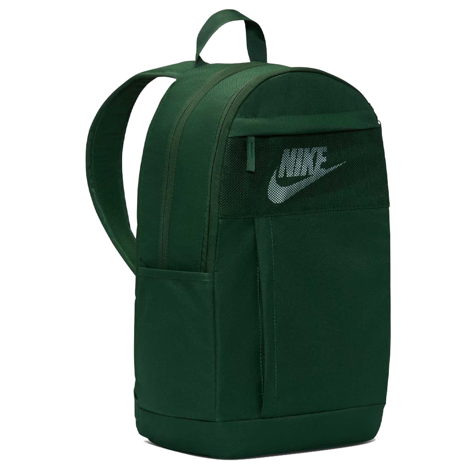 Detalhes da mochila Nike Elemental verde mostrando zíper e alças acolchoadas