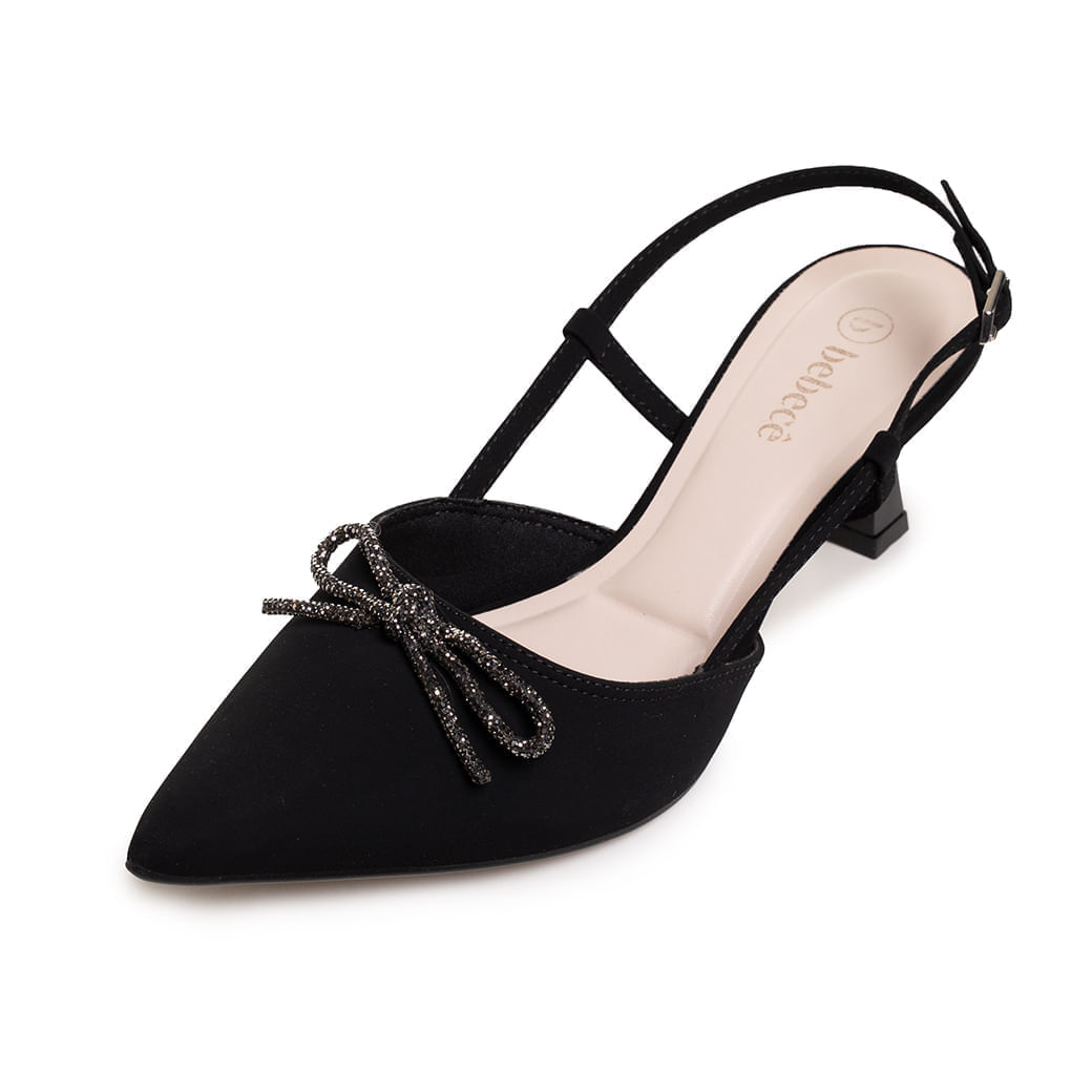 Sapato Bebecê Slingback Preto Bico Fino Feminino com laço brilhante, vista superior mostrando interior claro e marca estampada.