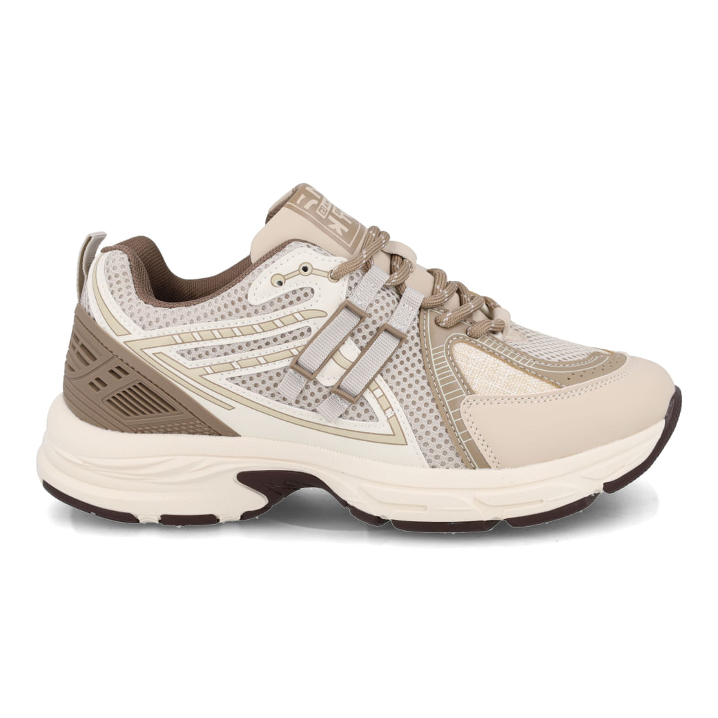 Tênis casual feminino Ramarim bege com detalhes em mesh e couro sintético, vista frontal