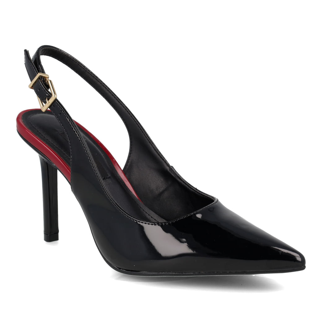 Scarpin Via Marte preto feminino com salto fino e fechamento por fivela lateral