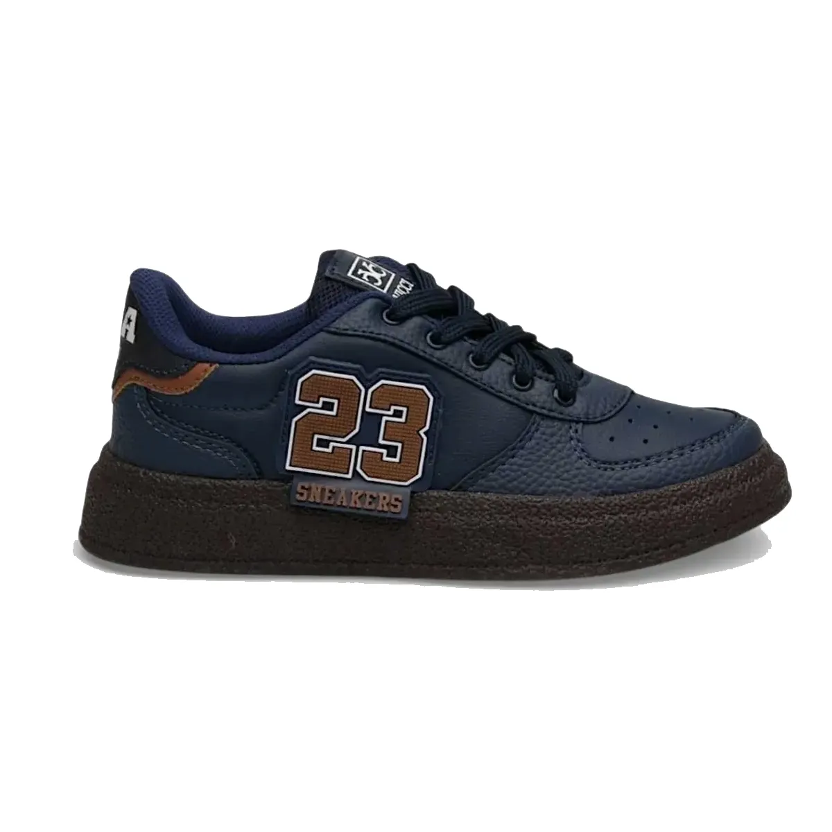 Tênis infantil Vissi Street Kids Leve na cor marinho com solado marrom e detalhes em branco, mostrando o lado lateral com número 23 e palavra SNEAKERS.