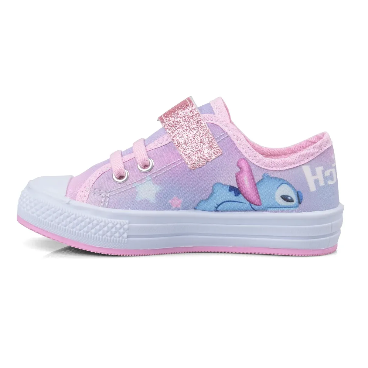 Tênis infantil Dyan Stitch rosa visto de lado mostrando detalhes do solado emborrachado