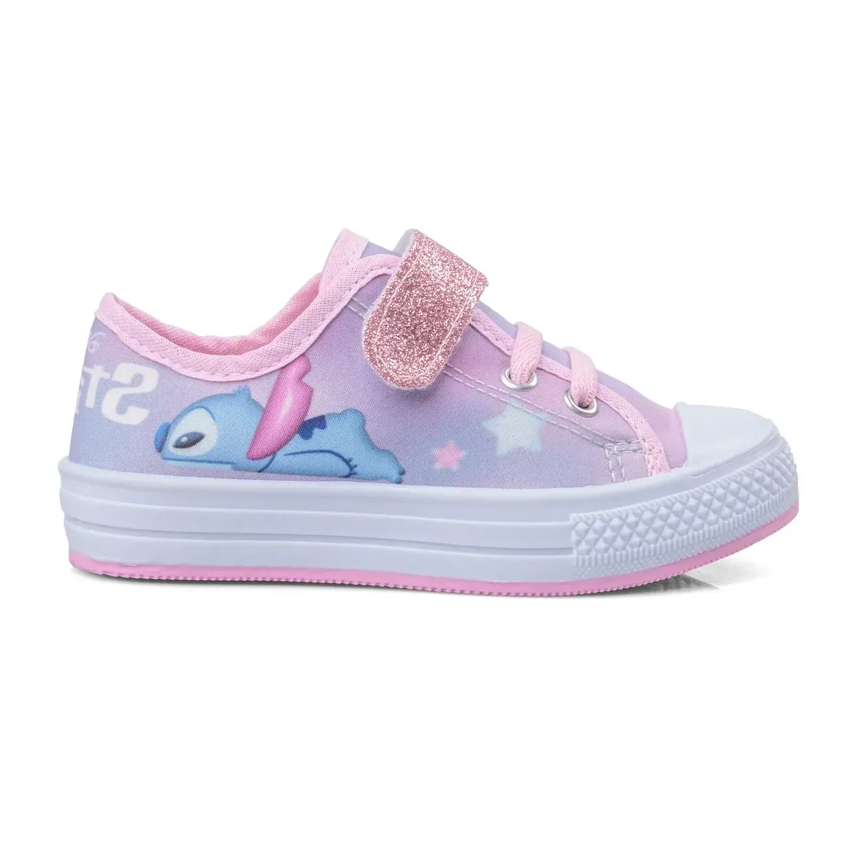Tênis infantil Dyan Stitch na cor rosa com fechamento em velcro visto de frente