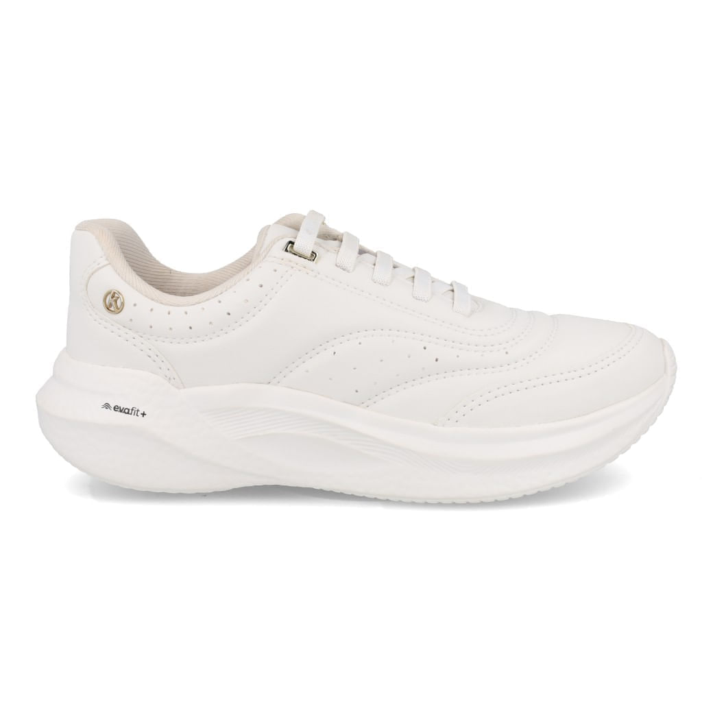 Tênis Kolosh feminino branco com acabamento sintético e perfurações laterais, solado branco espesso com tecnologia evafit+