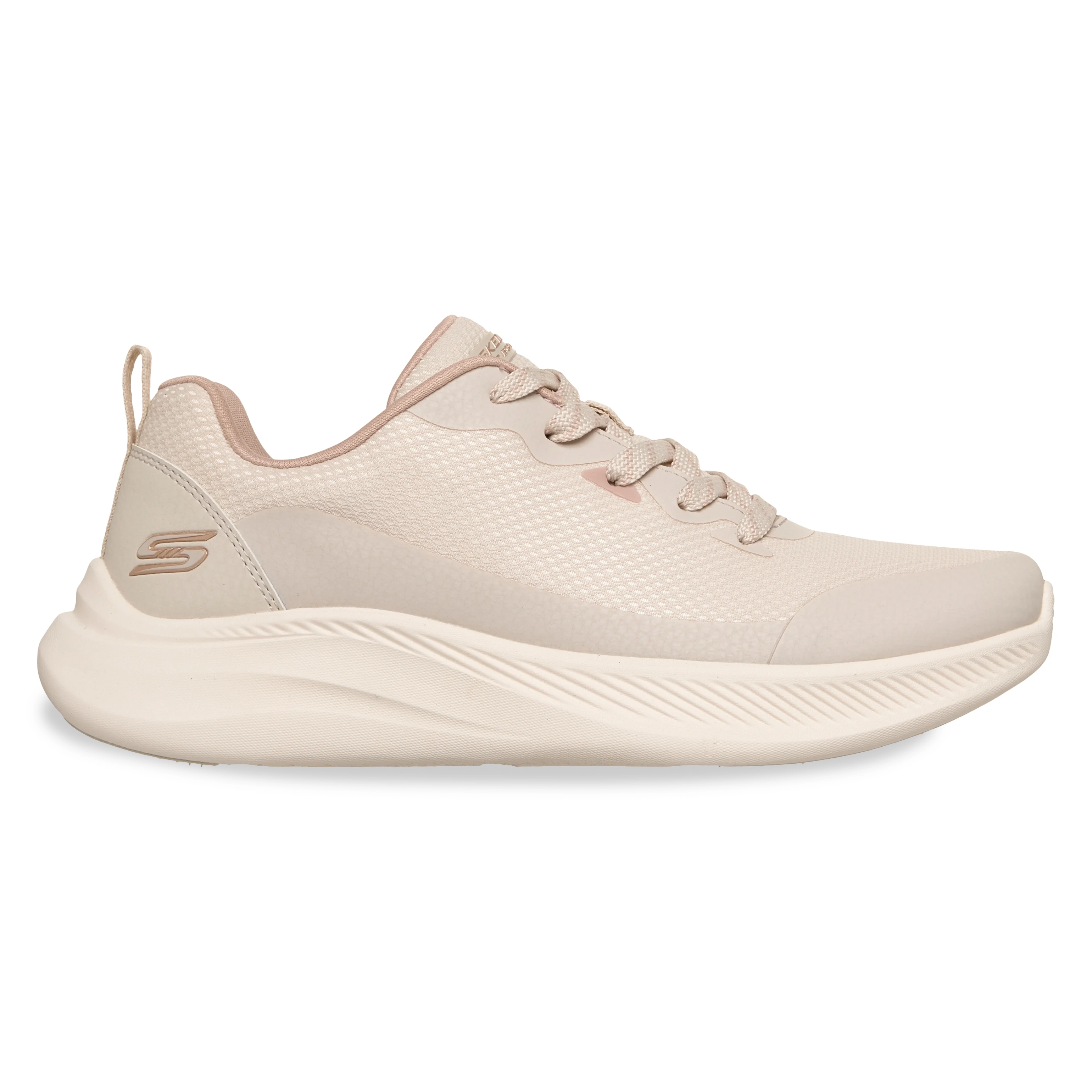 Tênis casual feminino branco Skechers com detalhes em rosa e solado branco