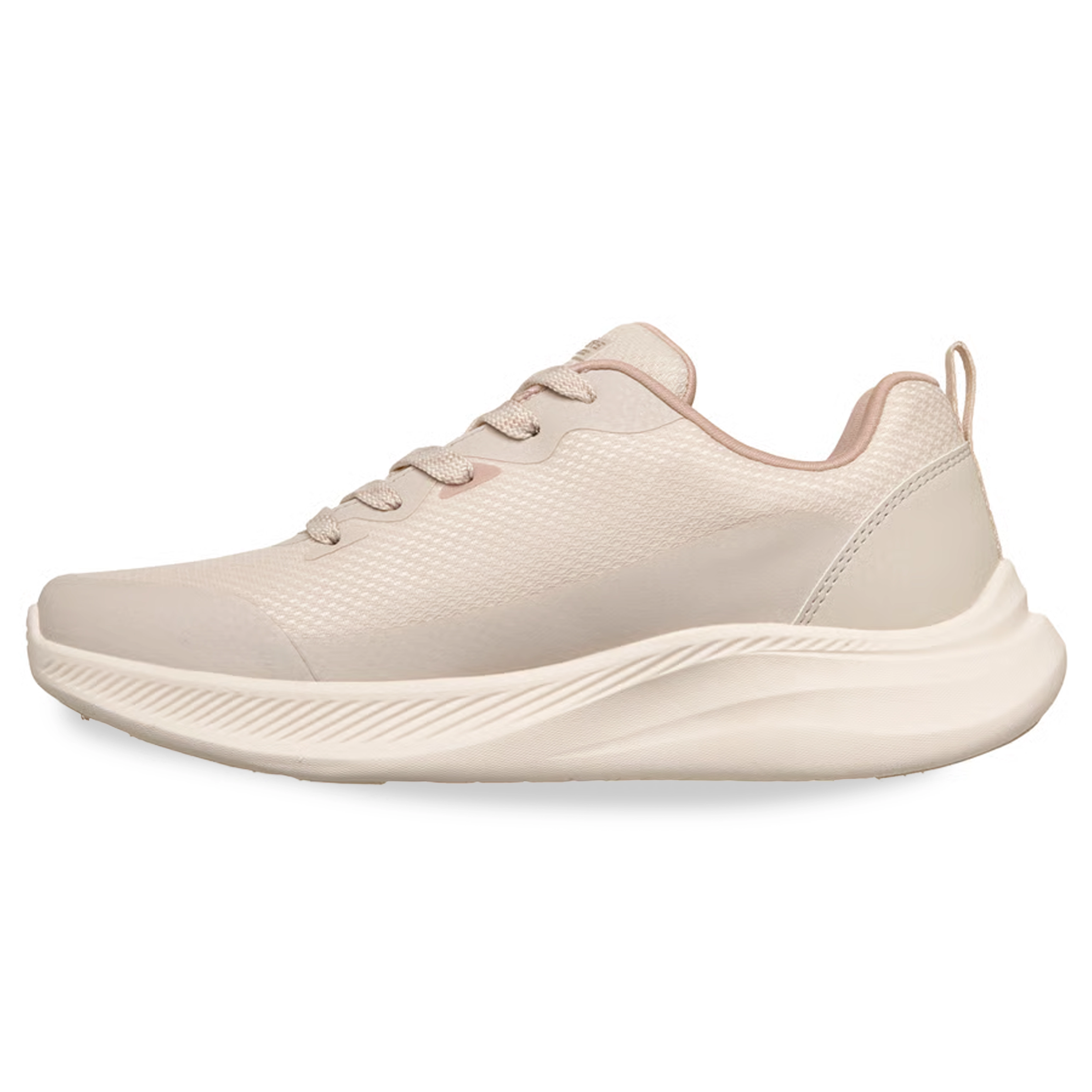 Tênis feminino Skechers branco visto de lado mostrando o design e detalhes em rosa
