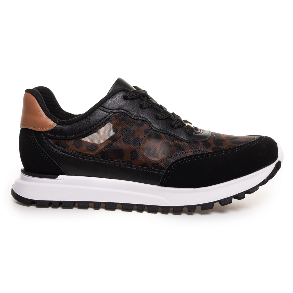 Tênis casual feminino Vizzano preto com estampa de leopardo, mostrado de frente com sola branca.