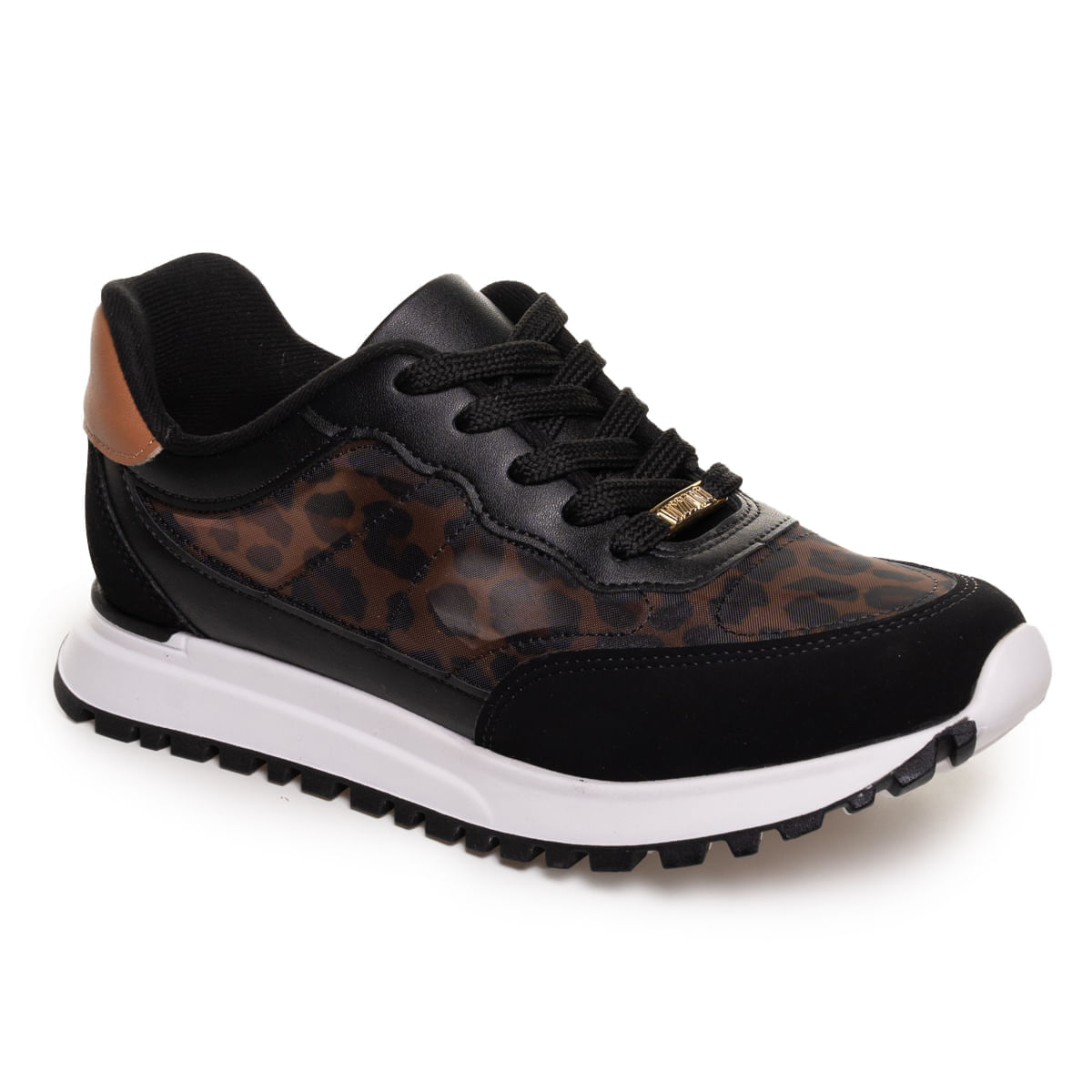 Tênis casual feminino Vizzano preto com detalhes em tela, vista frontal para ajuste de tamanho.