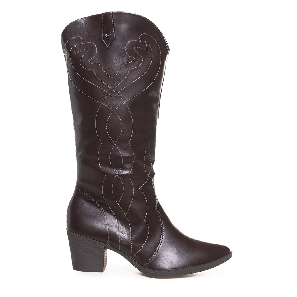 Bota texana feminina Mississipi em material sintético marrom com cano alto, salto bloco médio e bico fino