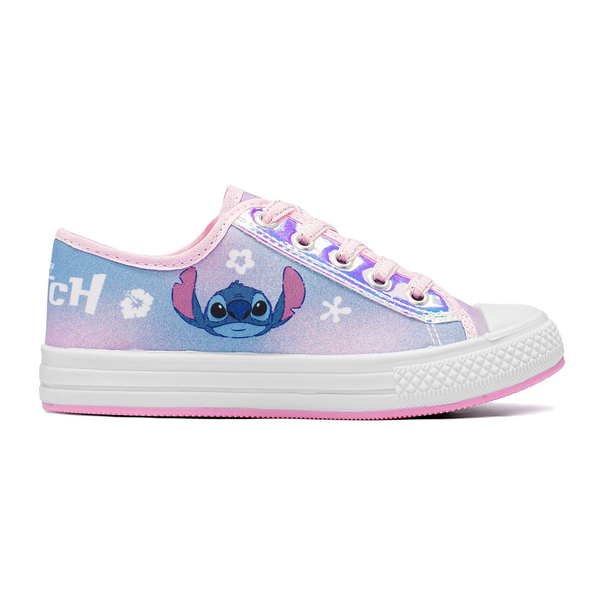 Tênis infantil Dyan Stitch rosa com estampa do personagem Stitch, cadarço tradicional e solado branco com borda rosa