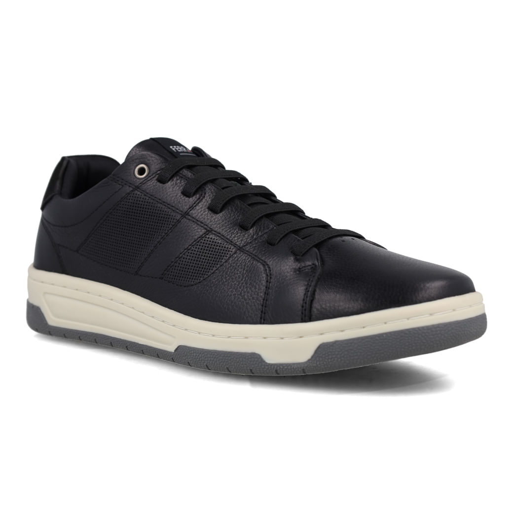 Tênis masculino Ferracini Vox em couro preto, vista lateral esquerda com sola branca e detalhes cinza
