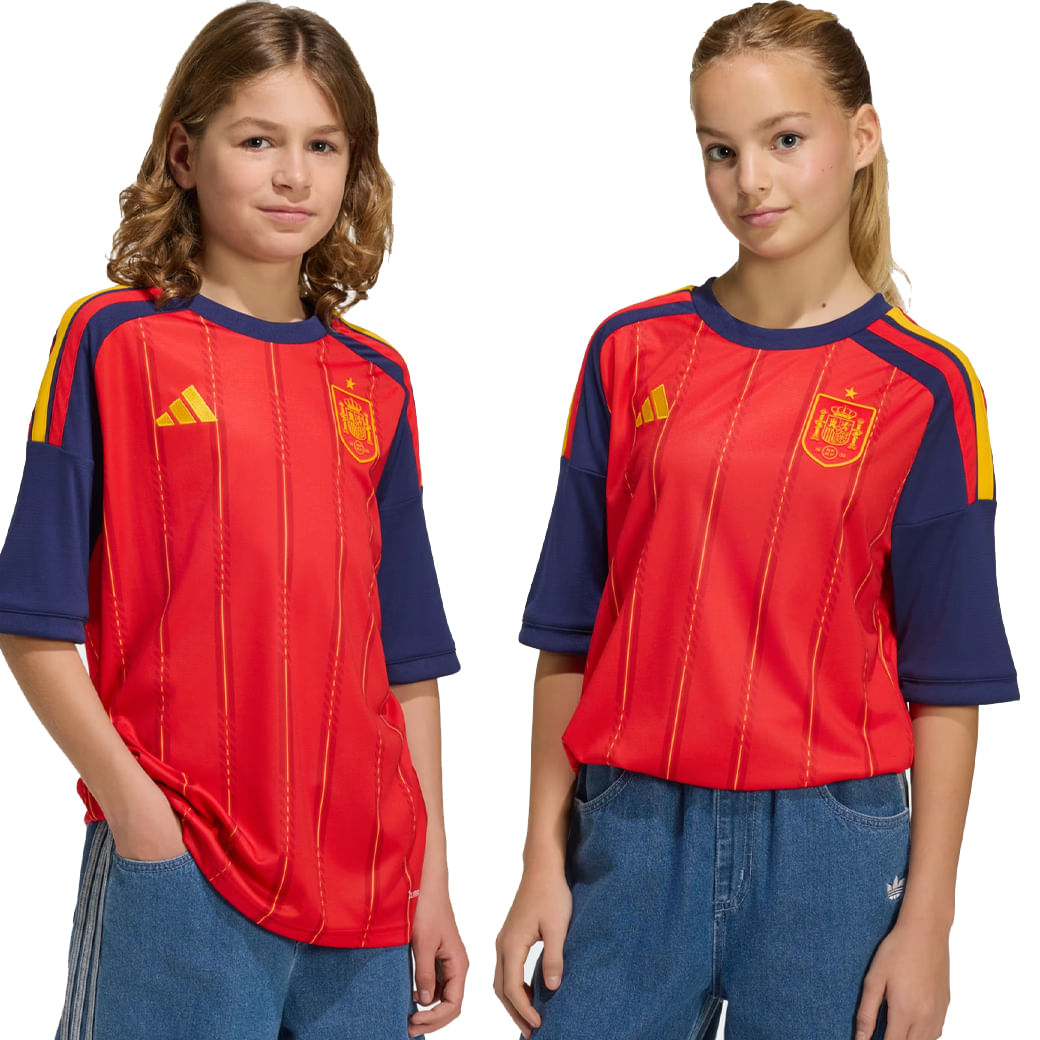 Camisa infantil Adidas Espanha vermelha vista frontal para ajuste e conforto