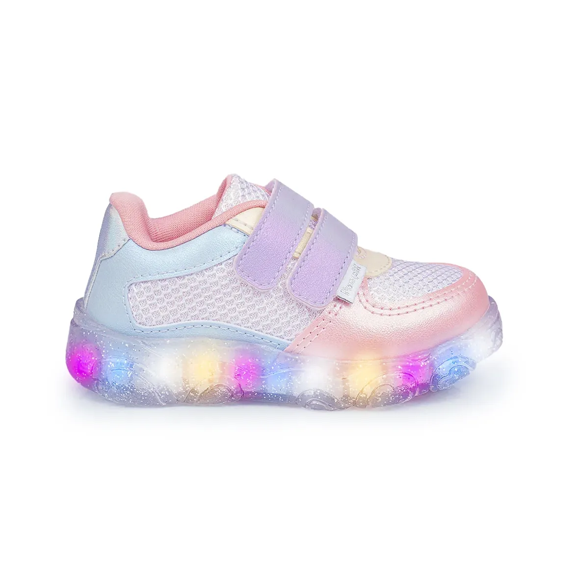Tênis infantil Pampili lilás com LED colorido no solado transparente, fechamento em velcro e detalhes em lilás