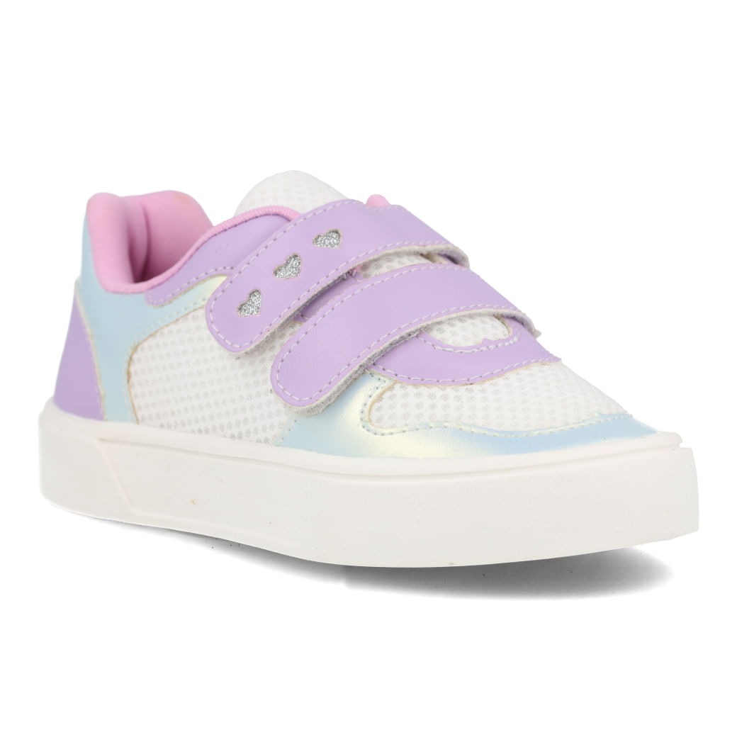 Tênis infantil branco visto de lado com detalhes lilás e azul iridescente e solado branco