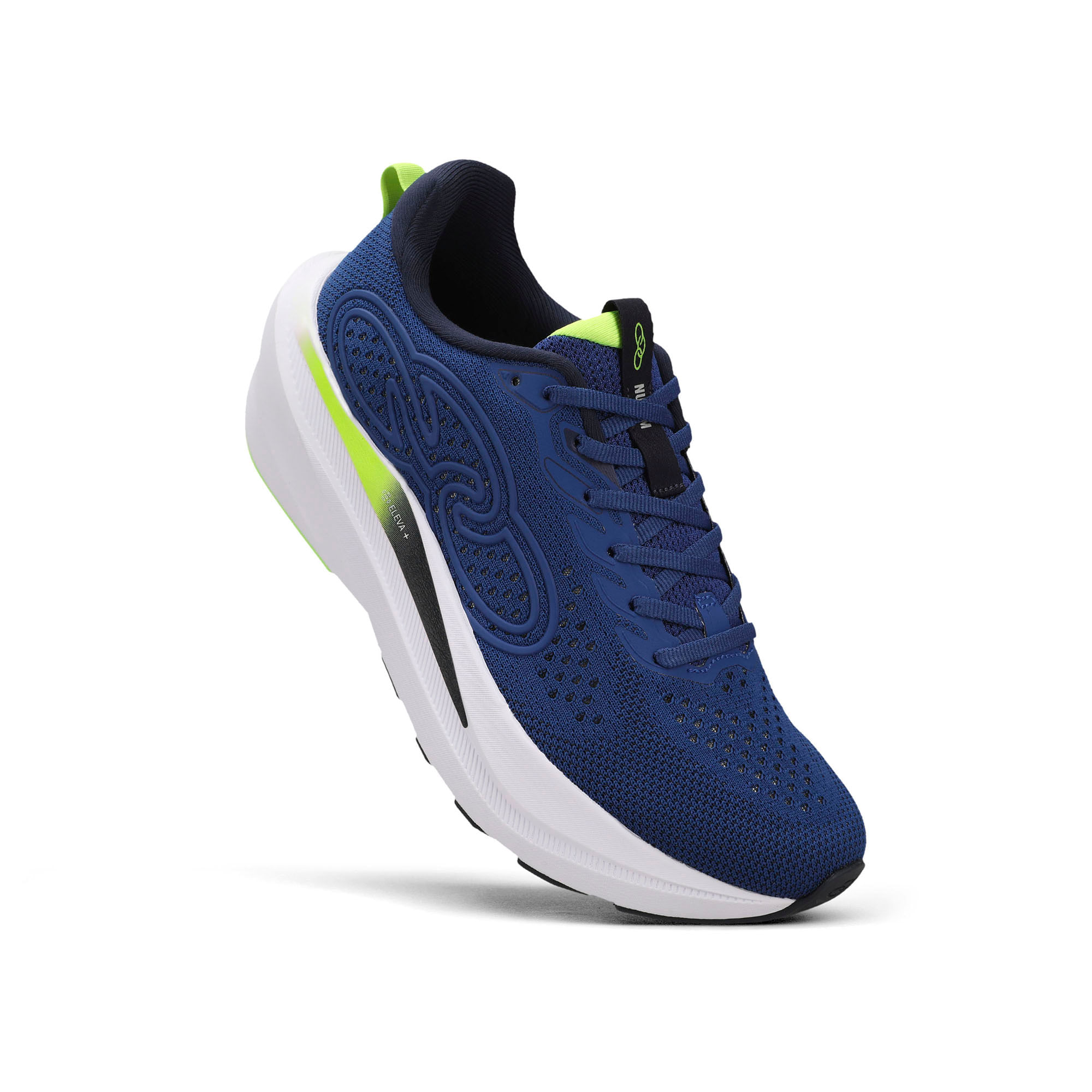 Tênis Olympikus Nuvem Corrida Azul Royal Masculino vista lateral com cadarço e detalhes em neon verde