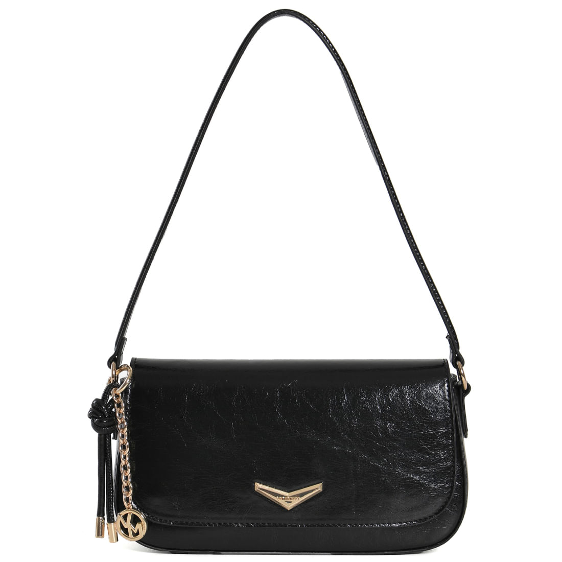 Bolsa shoulder bag preta com acabamento verniz, logo dourado frontal e detalhes em corrente dourada e tassel.