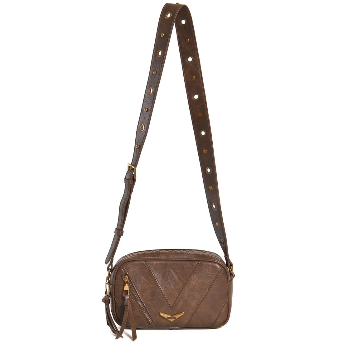 Bolsa crossbody Via Marte marrom em material sintético com acabamento matelassê em formato de V e alça larga ajustável com detalhes dourados