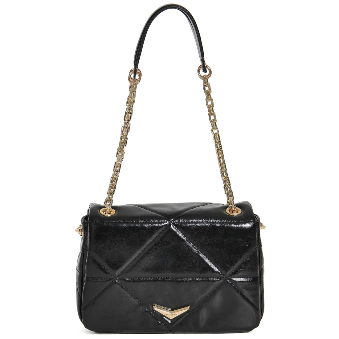 Bolsa Via Marte Crossbody preta em verniz com acabamento geométrico e alça de corrente metálica
