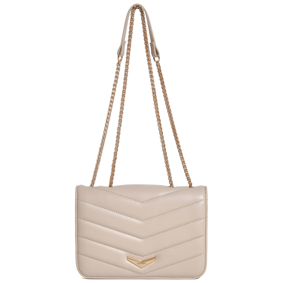 Bolsa Via Marte Crossbody Metalassê Bege em PU sintético com design geométrico e alça de corrente dourada