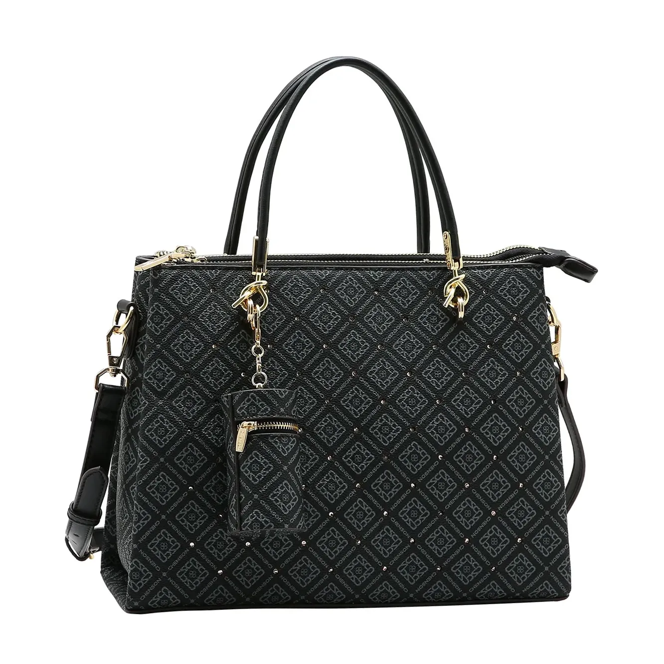Bolsa tote preta Chenson com estampa monograma e detalhes dourados, vista frontal