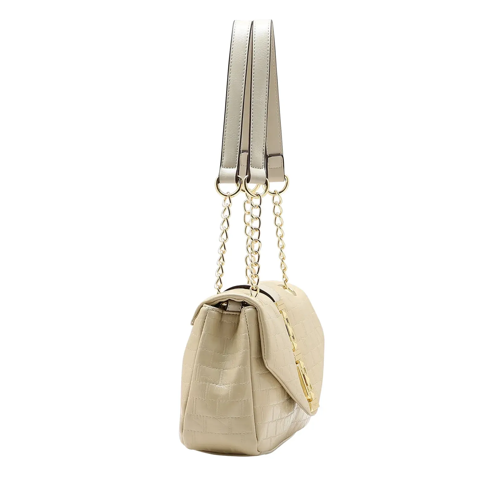 Bolsa Chenson bege vista lateral mostrando alça dupla e textura matelassê