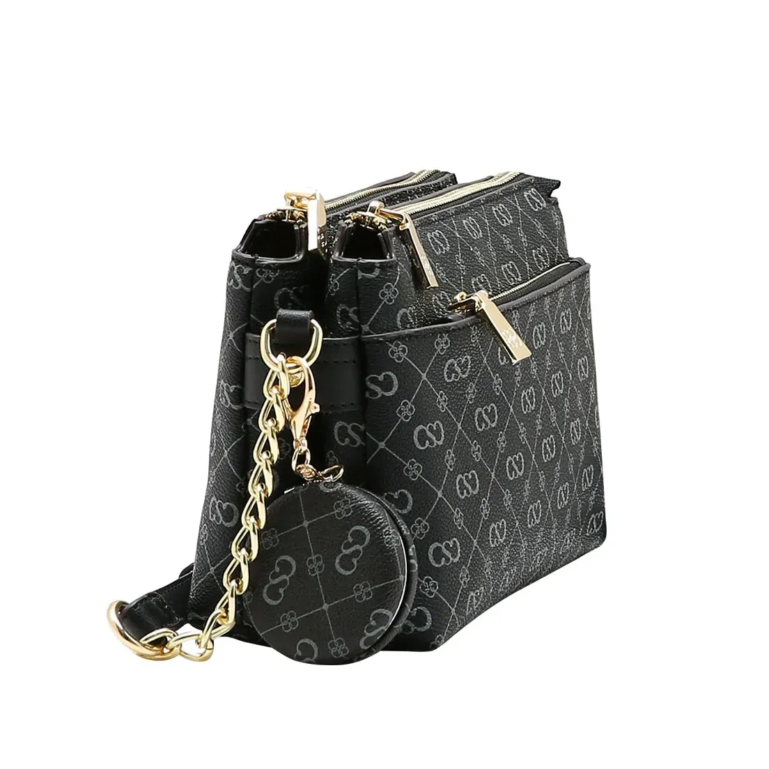 Bolsa transversal Chenson Elegance monograma feminina preta vista lateral