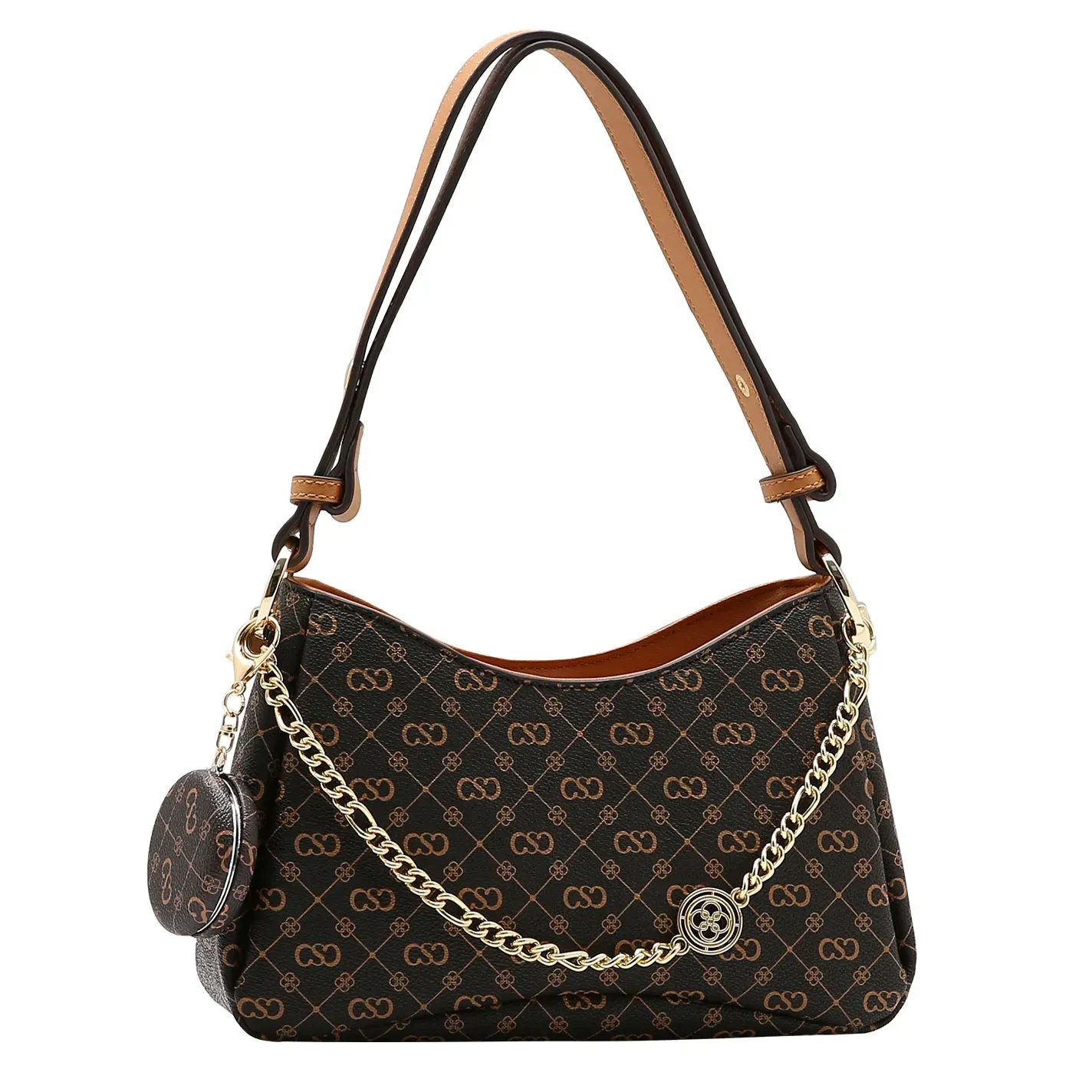 Bolsa Chenson Elegance Feminina cor café com monograma, alça ajustável e detalhes dourados