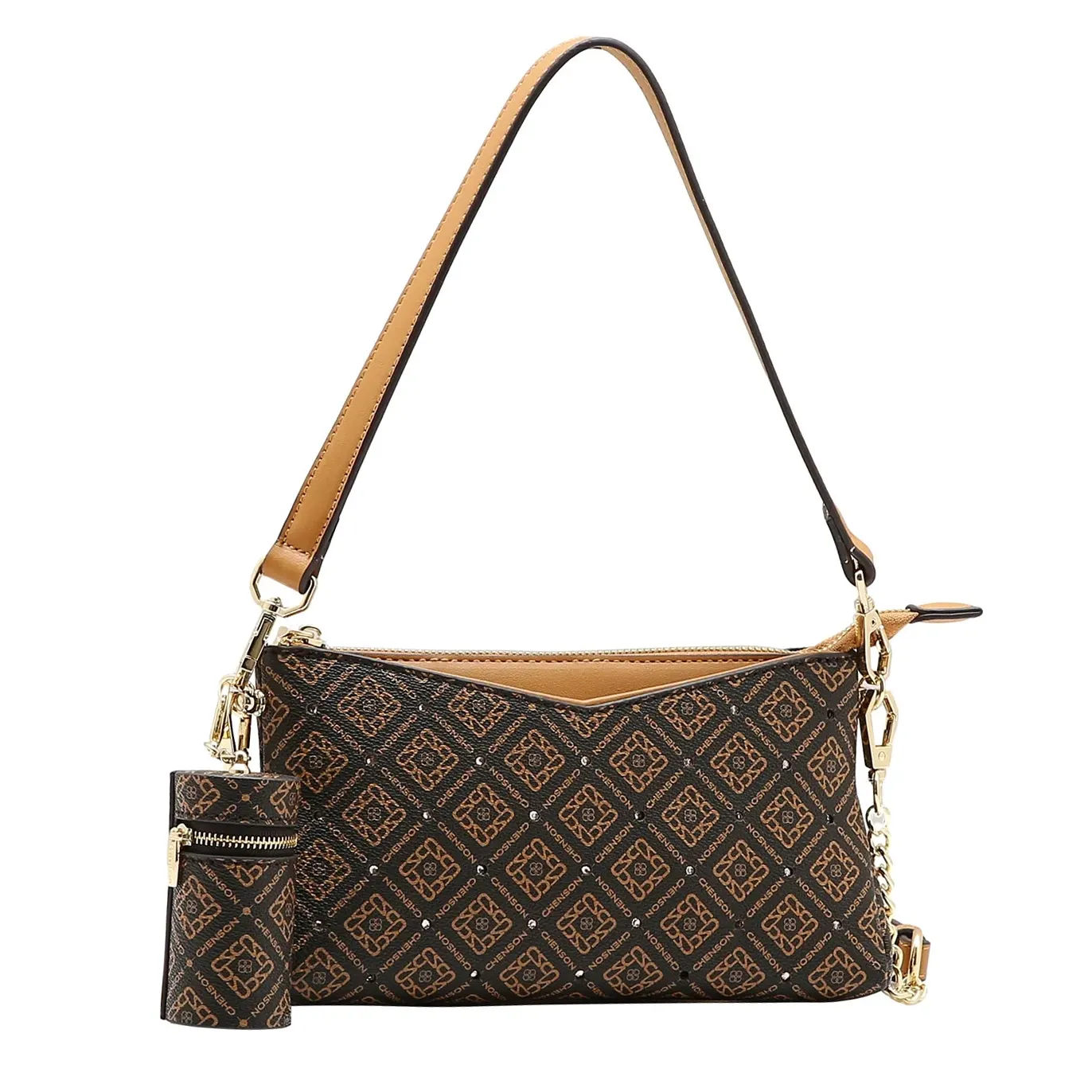 Bolsa Chenson Monograma Luxo Feminina na cor café, com estampa monograma e detalhes dourados, vista frontal