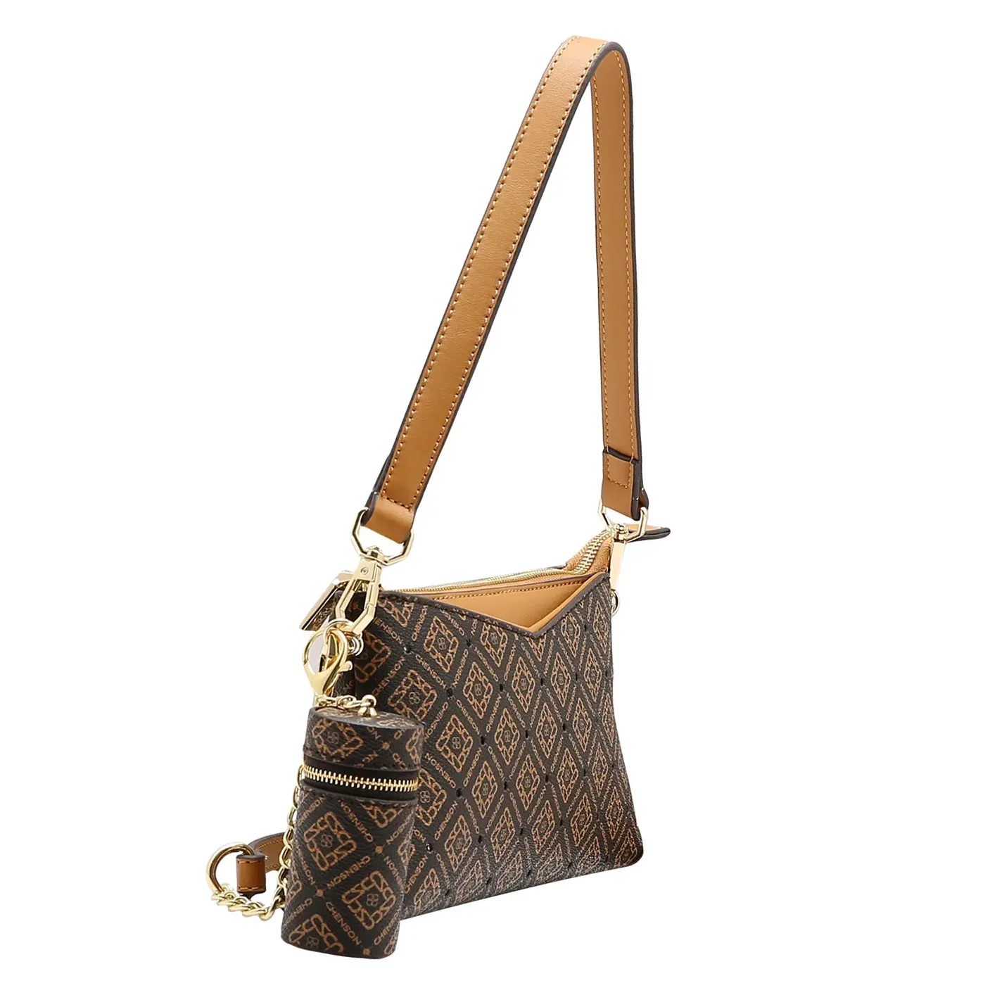 Bolsa Chenson Monograma Luxo Feminina café vista lateral mostrando alça de ombro e acabamento