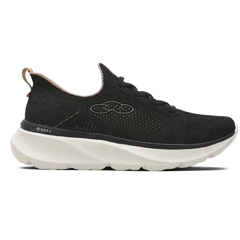 Tênis Olympikus Era Feminino Preto em ângulo frontal, mostrando o design do cadarço e a sola branca