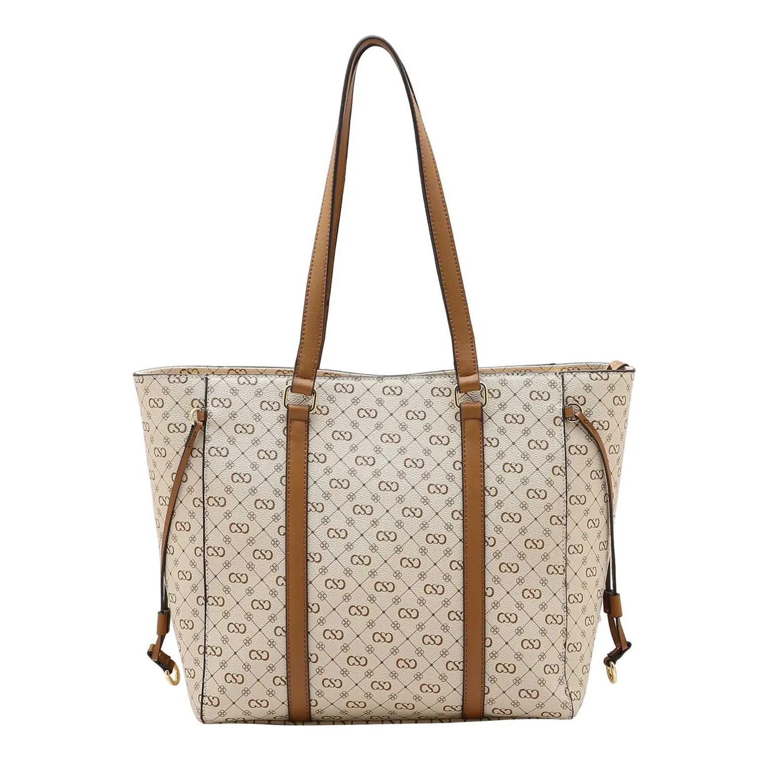 Bolsa de ombro Chenson com padrão monograma em tom marrom escuro e detalhes em bege, vista frontal com acessórios à frente