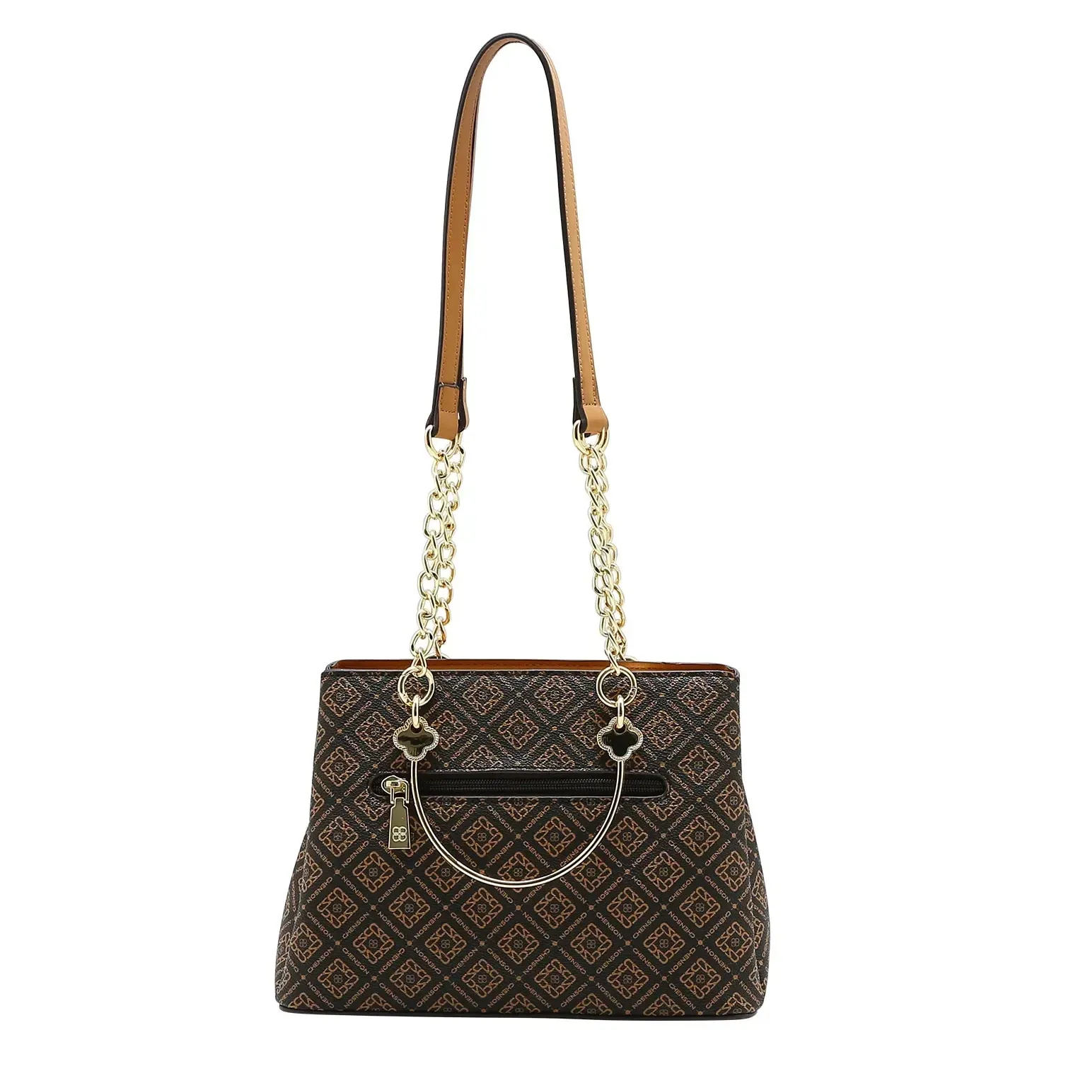 Bolsa Chenson monograma luxo feminina café vista lateral com alça de ombro