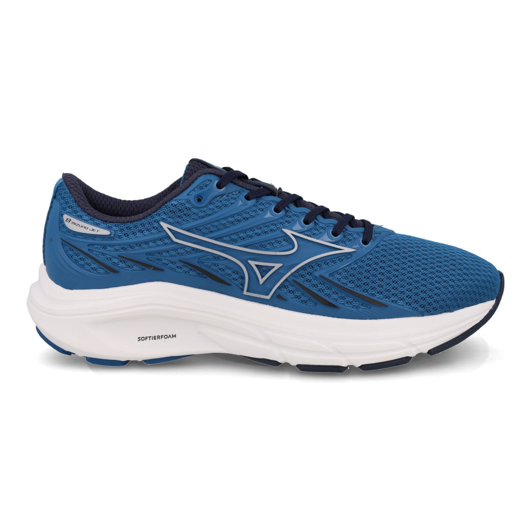 Tênis Mizuno Jet 8 masculino azul com cabedal em mesh respirável e entressola branca
